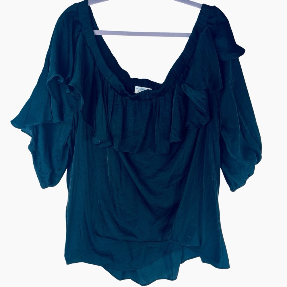 Bisou Bisou Black Top Blouse Boho Off Shoulder 3/4 Sleeve 3X Plus Size Ruffle